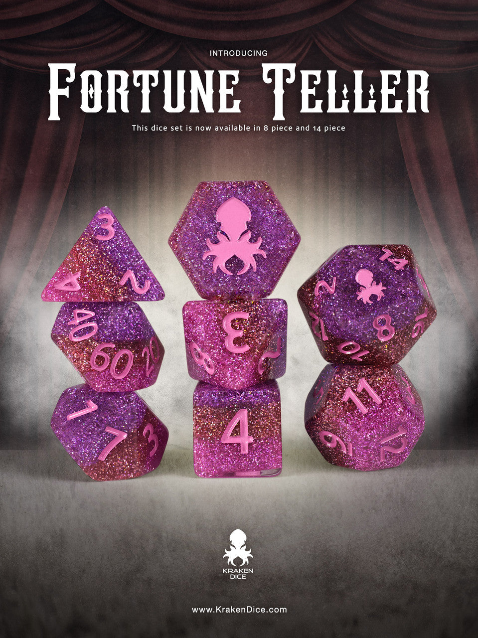 Fortune Teller 8pc Dice Set Inked in Pink